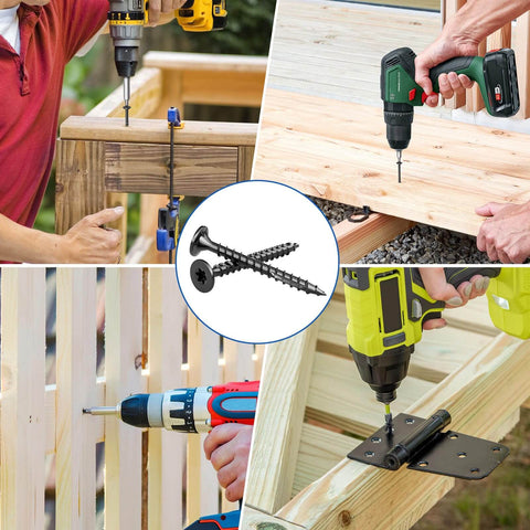 240Pcs Deck Screws Set For Woodworking being used in various DIY projects, showcasing their installation in wood with drills.
