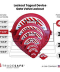 Gate Valve Lockout Kit For 10 To 13 Inch Valve Handles Red Lockout Tagout OSHA Compliant diagram with size options