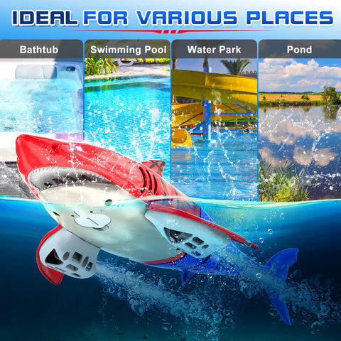 Remote Control Shark Toy For Kids Rad Totally Dual Motors RC Shark with Waterproof Remote and LED eyes shown in water settings.