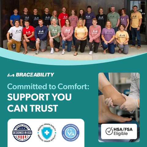 Elastic Ankle Support Sleeve For Men And Women advertisement with team photo and HSA/FSA eligible badge