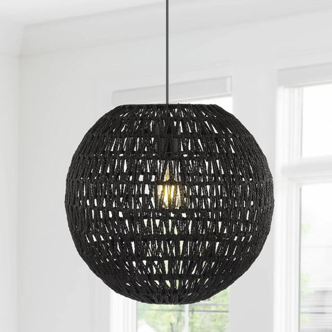 Black 15.75 Inch 1 Light Dope Modern Bohemian Woven Led Pendant Light With Paper Wicker Shade hanging in bright room.