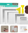 19 Piece Wall Repair Patch Kit With Aluminum Self Adhesive Patches For Small To Large Holes Includes 2 By 2 Inch 4 By 4 Inch 6 By 6 Inch And 8 By 8 Inch Metal Patches Scrapers Sandpaper And Gloves For No Sweat Drywall Fix with various patch sizes and sandpaper visible
