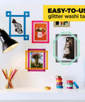 Gold Glitter Washi Tape Pack of 6 on desk, frames photos on wall, perfect for planners, scrapbooking, home organization, easy-tear.