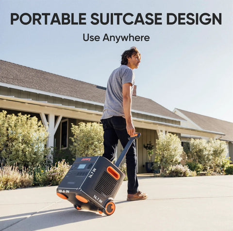 Man walking with Go-To High Capacity Portable Power Station with 2042Wh LiFePO4 Battery, 3000W AC Output, Solar Generator