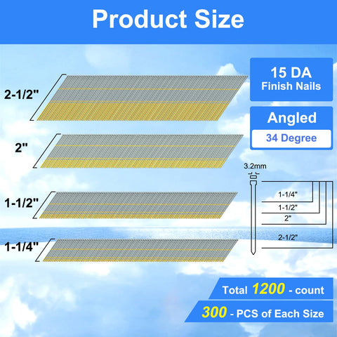 Angled Finish Nail Set 15 Gauge 34 Degree DA Series Galvanized Variety Pack 1-1/4 Inch 1-1/2 Inch 2 Inch 2-1/2 Inch For Pneumatic Nailers