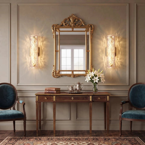 AooLiWang Gold LED Wall Sconces, Set of 2 with Transparent Glass Strip in elegant room setting with mirror and flowers.