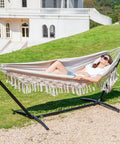 Handwoven Tassel Hammock With Stand For Outdoor Use Oversized Double Hammock Holds Up To 450 Lbs Super Comfy Pillow And Storage Bag Included Easy Setup Portable Stand Beige