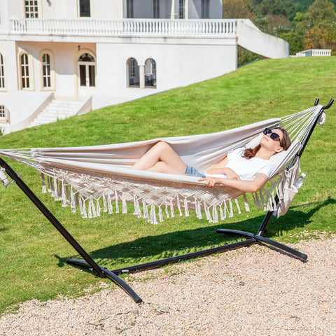Handwoven Tassel Hammock With Stand For Outdoor Use Oversized Double Hammock Holds Up To 450 Lbs Super Comfy Pillow And Storage Bag Included Easy Setup Portable Stand Beige