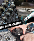 DURATECH seal puller with blackened head and chrome shaft, shown amid automotive engine components and gears.
