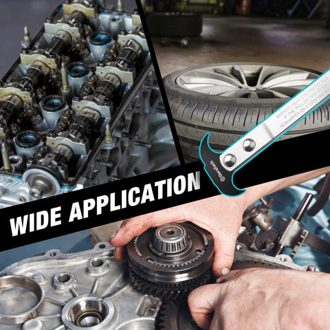 DURATECH seal puller with blackened head and chrome shaft, shown amid automotive engine components and gears.