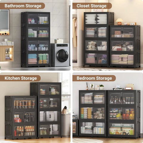 Industrial Grade 800 Quart Stackable Storage Bins With Smooth Wheels And Secure Doors Hella Spacious Foldable Cabinet Organizer Set Four Pack Black Divided Garage Shelves