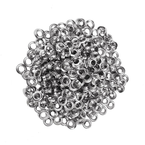 Close-up of 1000 silver metal grommets (3/8 in / 10 mm)