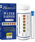 Hard Water Test Strips Kit With Dual Color Pads For Quick Accurate Home Water Testing Of Drinking Water Tap Water Well Water Pool And Spa Water With Sample Tube And 150 Strips, displaying bottle, test strips, and instructions.