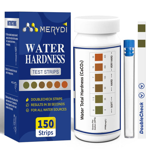 Hard Water Test Strips Kit With Dual Color Pads For Quick Accurate Home Water Testing Of Drinking Water Tap Water Well Water Pool And Spa Water With Sample Tube And 150 Strips, displaying bottle, test strips, and instructions.