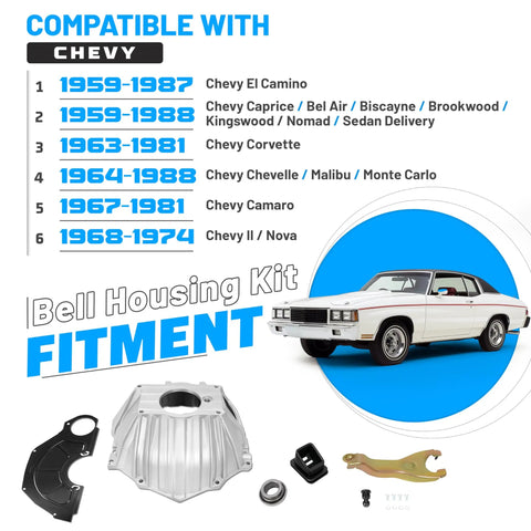 Bell Housing Kit With 11 Inch Clutch Fork Inspection Cover Throwout Bearing And Boot For Chevy Chevelle Malibu Impala Caprice Corvette Camaro 1959 Through 1988 Replacement Fits El Camino Bel Air Biscayne Nomad And More.