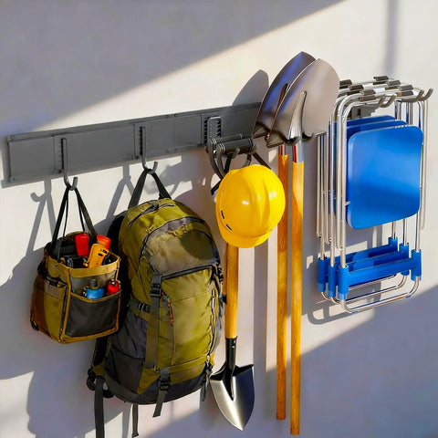 48 Inch Garage Tool Organizer Wall Mount Heavy Duty Steel Rack holds shovels, helmets, backpacks, ideal for tool storage in garages.