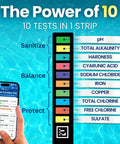 10-In-1 Pool And Spa Water Test Kit With App For Hot Tubs And Saltwater Pools, phone app shows test results beside strip