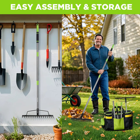 65 Inch Bow Rake For Heavy Duty Garden Work with 17 Tine Metal Head displayed on wall and used in lawn