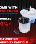 Image showing Fuel Pump Module Assembly For Buick Verano 2011 Through 2015 And Chevrolet Cruze L4 1.4L 1.8L 2.0L 2.4L Replacement E4034M SP4077M Plug And Play High Efficiency Fuel System Upgrade with pre-filter details on red background.