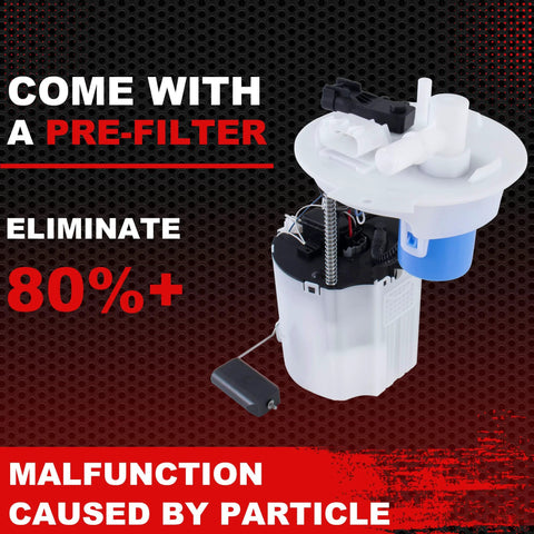 Image showing Fuel Pump Module Assembly For Buick Verano 2011 Through 2015 And Chevrolet Cruze L4 1.4L 1.8L 2.0L 2.4L Replacement E4034M SP4077M Plug And Play High Efficiency Fuel System Upgrade with pre-filter details on red background.