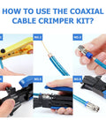 Step-by-step guide using Coaxial Compression Tool Kit Pro Grade F Type Crimper For RG6 RG59 RG11 Cables Includes Coaxial Cable Stripper And 20 F Compression Connectors Built To Last And Easy To Use In Tight Spots For Quick Coax Upgrades And Installations, showing cable prep, crimping, and tool usage.