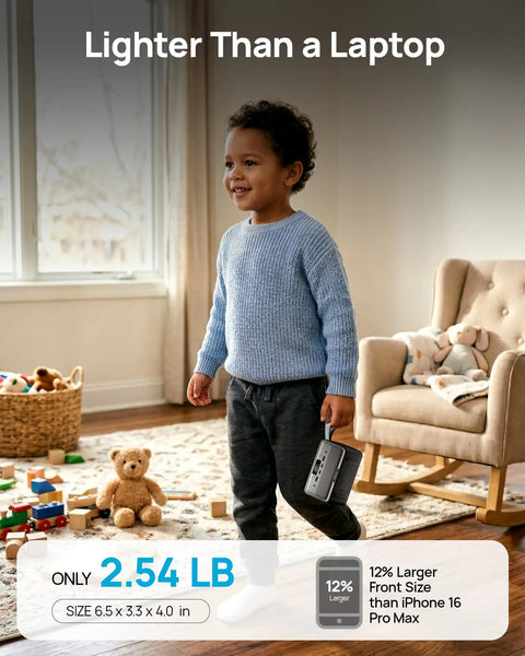 Child carrying a Slick Pocket Sized Portable Power Station With Resilient LiFePO4 Cell And 100 Watt Output in a living room.