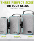 Three gray lock boxes in different sizes with combination locks, highlighting the 8.5x5.5x4.5 inch Smell Proof Lock Box With Combination Lock For Discreet Storage Odorless File Organizer Case For Medicine And Gear Waterproof 300D Polyester 8.5x5.5x4.5 Inch Bag With 3 Removable Dividers Great Gift For A Friend.