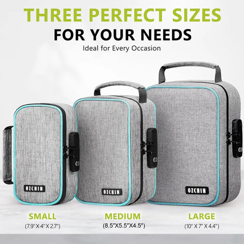 Three gray lock boxes in different sizes with combination locks, highlighting the 8.5x5.5x4.5 inch Smell Proof Lock Box With Combination Lock For Discreet Storage Odorless File Organizer Case For Medicine And Gear Waterproof 300D Polyester 8.5x5.5x4.5 Inch Bag With 3 Removable Dividers Great Gift For A Friend.