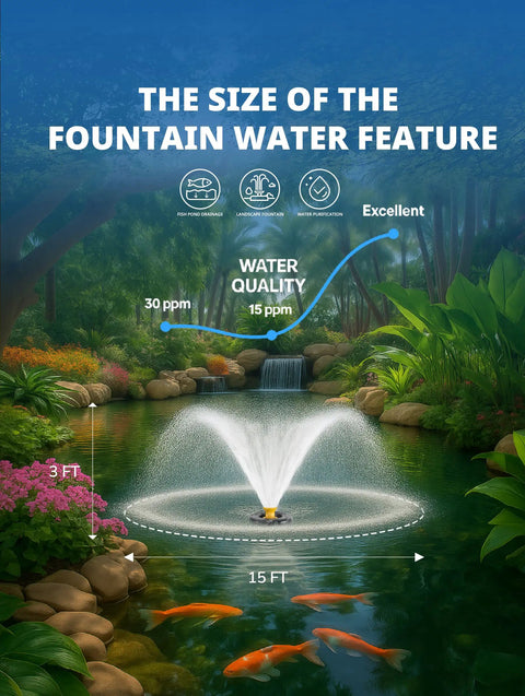 1 HP Pond Fountain Pump With Timer And 15000 GPH Flow, 100 Ft Power Cord, Dual Spray Patterns in water garden
