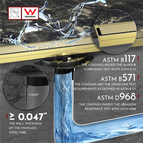 12 Inch Linear Shower Drain Kit With Rectangular Floor Drain, Reversible 2 In 1 Cover, Tile Insert, Removable SUS304 Stainless Steel Grate In Brushed Gold, CUPC Certified, Fits Standard US No Hub Drain Bases, Easy Clean with water test results.