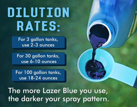 Liquid Harvest Lazer Blue lawn dye bottle pouring into measuring cup; 32 oz concentrate for turf spray pattern marking