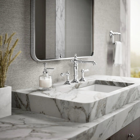 Artifacts Soap Dispenser Assembly in Polished Chrome on marble countertop, complementing vintage-style faucet in bathroom setting.