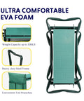 Garden Kneeler And Seat Foldable Bench With Soft EVA Foam Pad For Comfort All In One Outdoor Stool For Gardening Fishing And Camping Two Tool Pouches Included Green, folded view with EVA foam, showing steel frame and tool pouches.