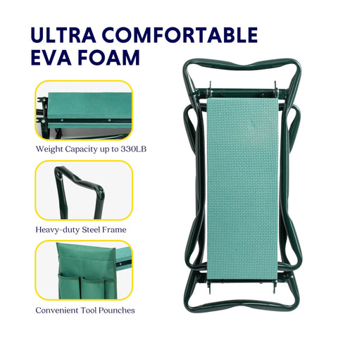 Garden Kneeler And Seat Foldable Bench With Soft EVA Foam Pad For Comfort All In One Outdoor Stool For Gardening Fishing And Camping Two Tool Pouches Included Green, folded view with EVA foam, showing steel frame and tool pouches.