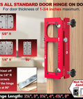 Professional Grade Door Lock Installation Kit And Latch Mortise Tool Paired With Rock Solid Hinge Jig showing hinge template on wood door.