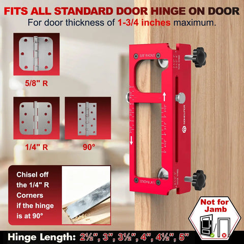 Professional Grade Door Lock Installation Kit And Latch Mortise Tool Paired With Rock Solid Hinge Jig showing hinge template on wood door.