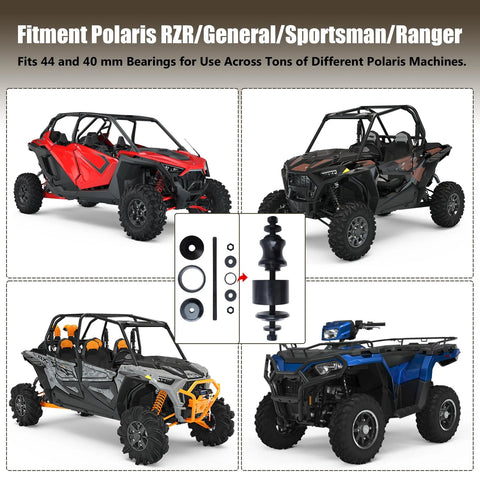 Black wheel bearing removal tool kit for 40-44 mm bearings; fits Polaris RZR/General/Ranger/Sportsman ATVs, four shown.