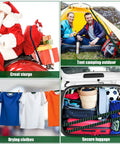 Collage showing 8 Pack 80 Inch Adjustable Flat Bungee Cords With Hooks And Buckles used for luggage, tent, storage, and drying clothes.