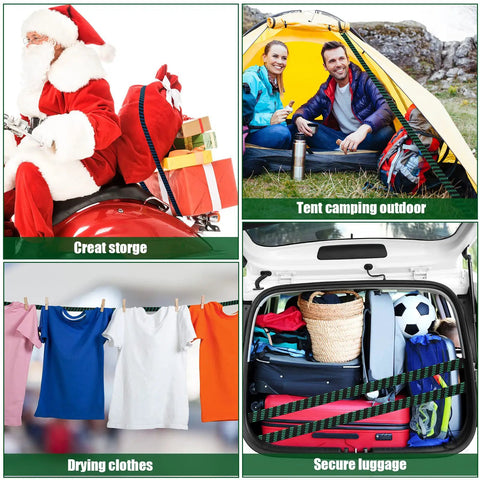 Collage showing 8 Pack 80 Inch Adjustable Flat Bungee Cords With Hooks And Buckles used for luggage, tent, storage, and drying clothes.