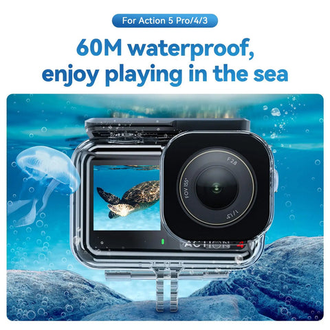 Waterproof Case For DJI Action 5 Pro And Action 4 And 3 Series, underwater view with turtle, anti fog, 60M depth