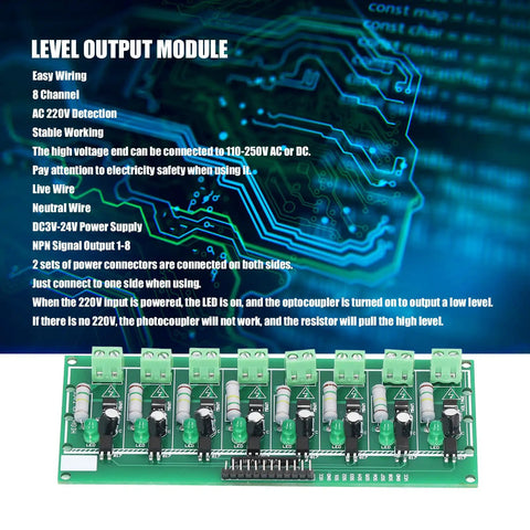 8 Channel Optocoupler Isolation Board For 220V AC Detection with labeled inputs and outputs displayed on a blue background