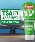 Working Hands Hand Cream 3 oz tube, TSA approved for travel, relieves extremely dry cracked hands, shown with airplane background.