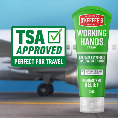 Working Hands Hand Cream 3 oz tube, TSA approved for travel, relieves extremely dry cracked hands, shown with airplane background.