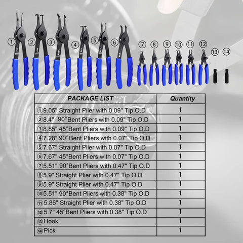 14 Piece Snap Ring Pliers Set With Internal And External Retaining Rings Pliers Including 45 Degree And 90 Degree Bent And Straight Tips