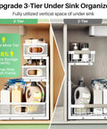 Heavy Duty 2 Pack Under Sink Organizer With Adjustable 3 Tier Metal Pull Out Drawers For Kitchen Cabinet And Bathroom Vanity shown in use.