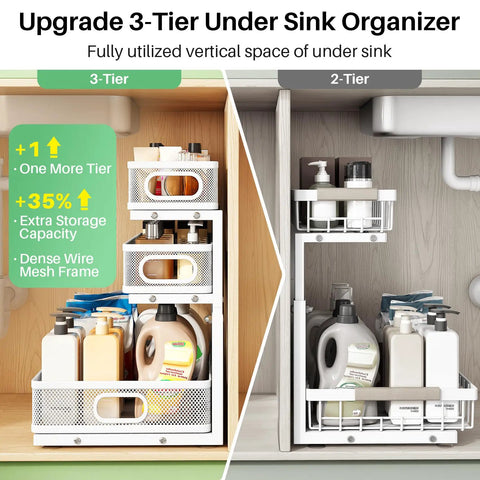 Heavy Duty 2 Pack Under Sink Organizer With Adjustable 3 Tier Metal Pull Out Drawers For Kitchen Cabinet And Bathroom Vanity shown in use.