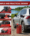 Cordless Fuel Transfer Pump With Auto Stop, No Spill, 3.2 GPM, Portable Battery Powered Unit For Gasoline Diesel Kerosene Oil Water, Transfers Between Cans With 4 Adapters Included shown transferring fuel to an SUV.