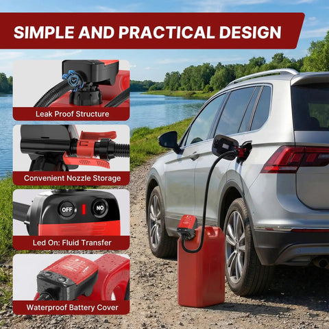 Cordless Fuel Transfer Pump With Auto Stop, No Spill, 3.2 GPM, Portable Battery Powered Unit For Gasoline Diesel Kerosene Oil Water, Transfers Between Cans With 4 Adapters Included shown transferring fuel to an SUV.