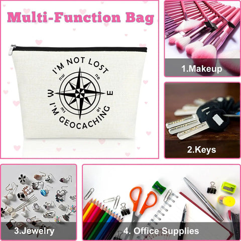 Im Not Lost Geocaching Gift Makeup Bag For Women Travel Essentials multifunctional use example with makeup, keys, jewelry, and office supplies.