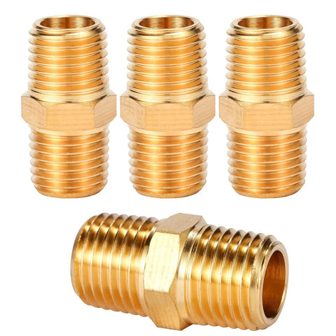 Set Of 4 Beefed Up Solid Brass Hex Nipple Pipe Fittings One Quarter Inch NPT Male To One Quarter Inch NPT Male O D One Half Inch On Each End Durable Plumbing Adapter For Hose And Pipe Systems